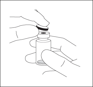 1. Poista muovikorkki ja desinfioi injektiopullon kumitulpan ulkopuoli.